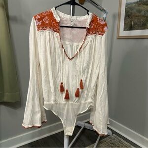 Free People Cream and Orange Tassel Bodysuit
